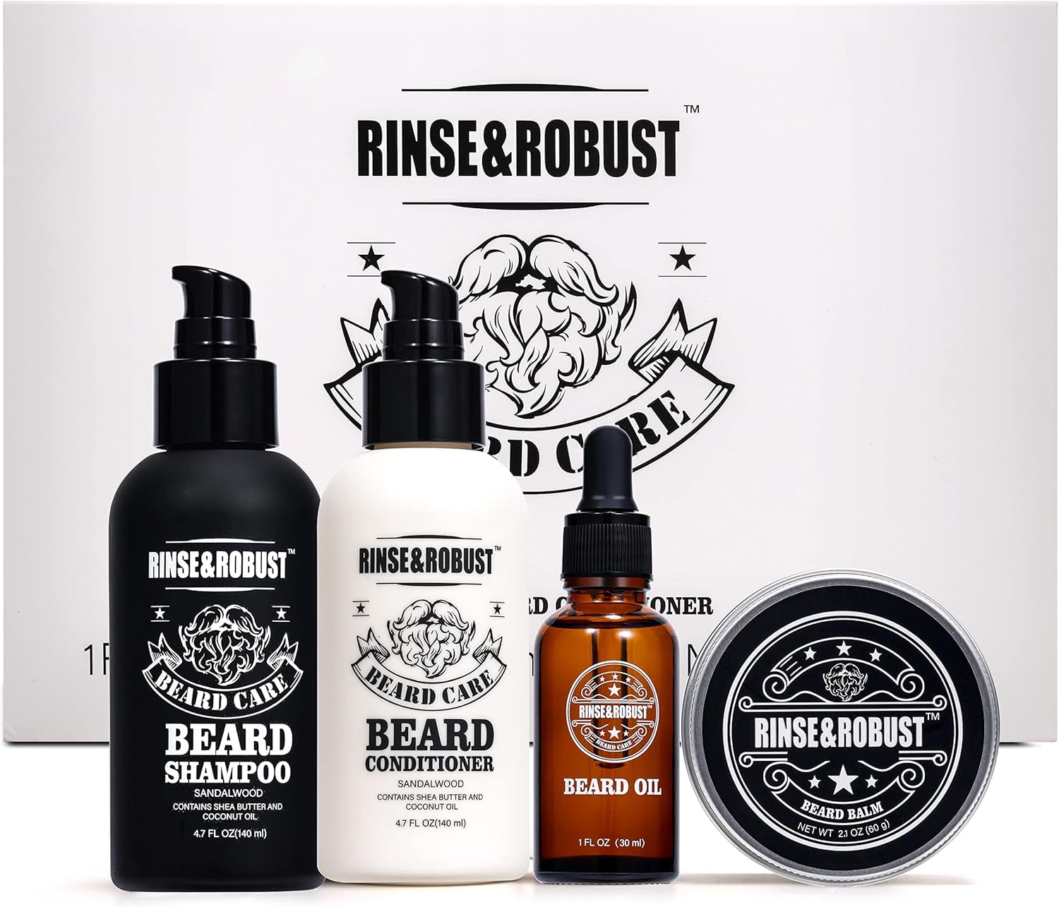 Rinse & Robust Beard Wash – 4-Piece Beard Grooming Kit with Beard Oil, Beard Conditioner & Balm – Sandalwood Scent, Natural Gluten-Free, Birthday Gift for Men, Husband, Dad