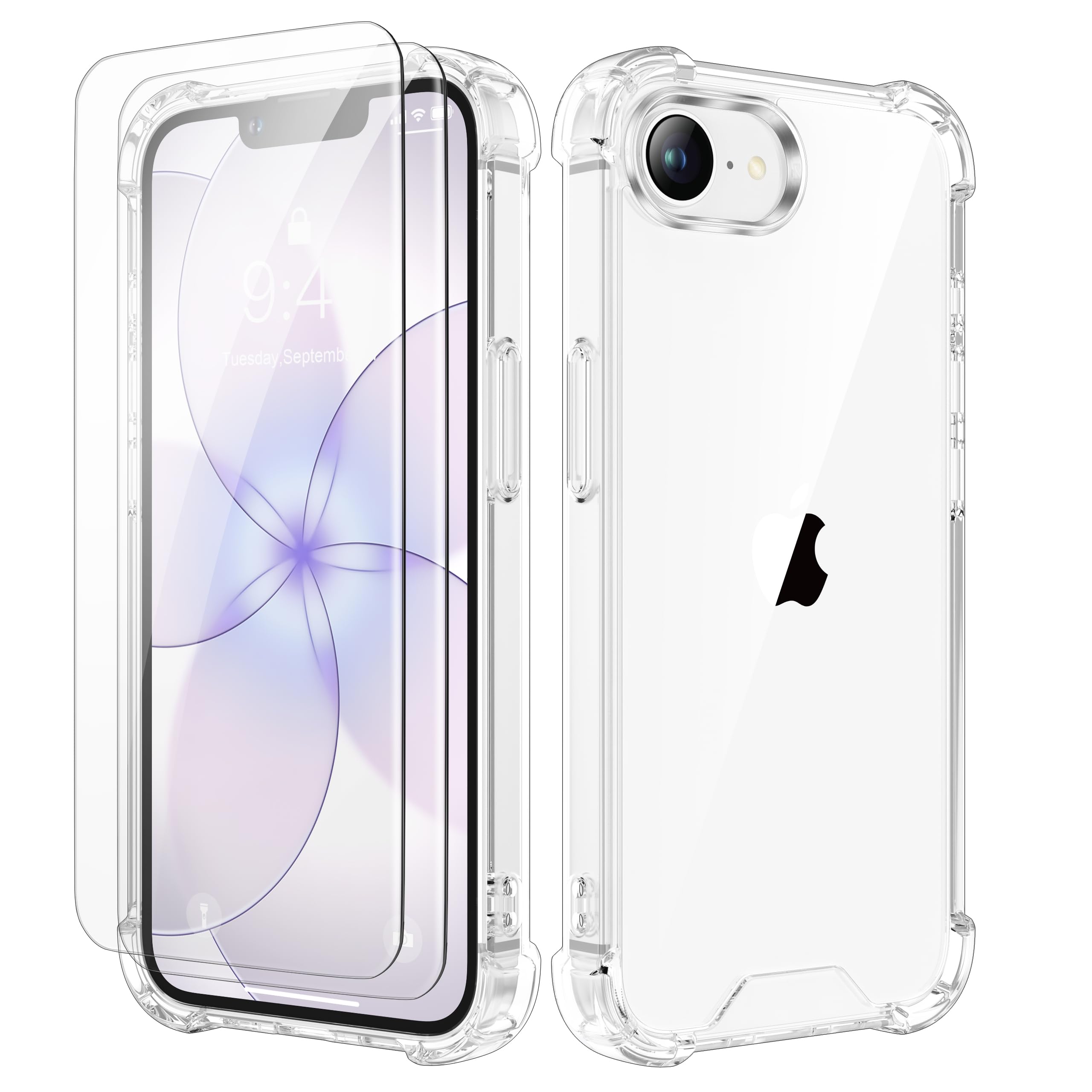 ORETECH 3 in 1 Cover per iPhone 17e/16e (6,1 Pollici) con [2 Vetro Temperato] Custodia per iPhone 17e/16e Antiurto Sottile in PC Rigido con Bumper in TPU-Trasparente