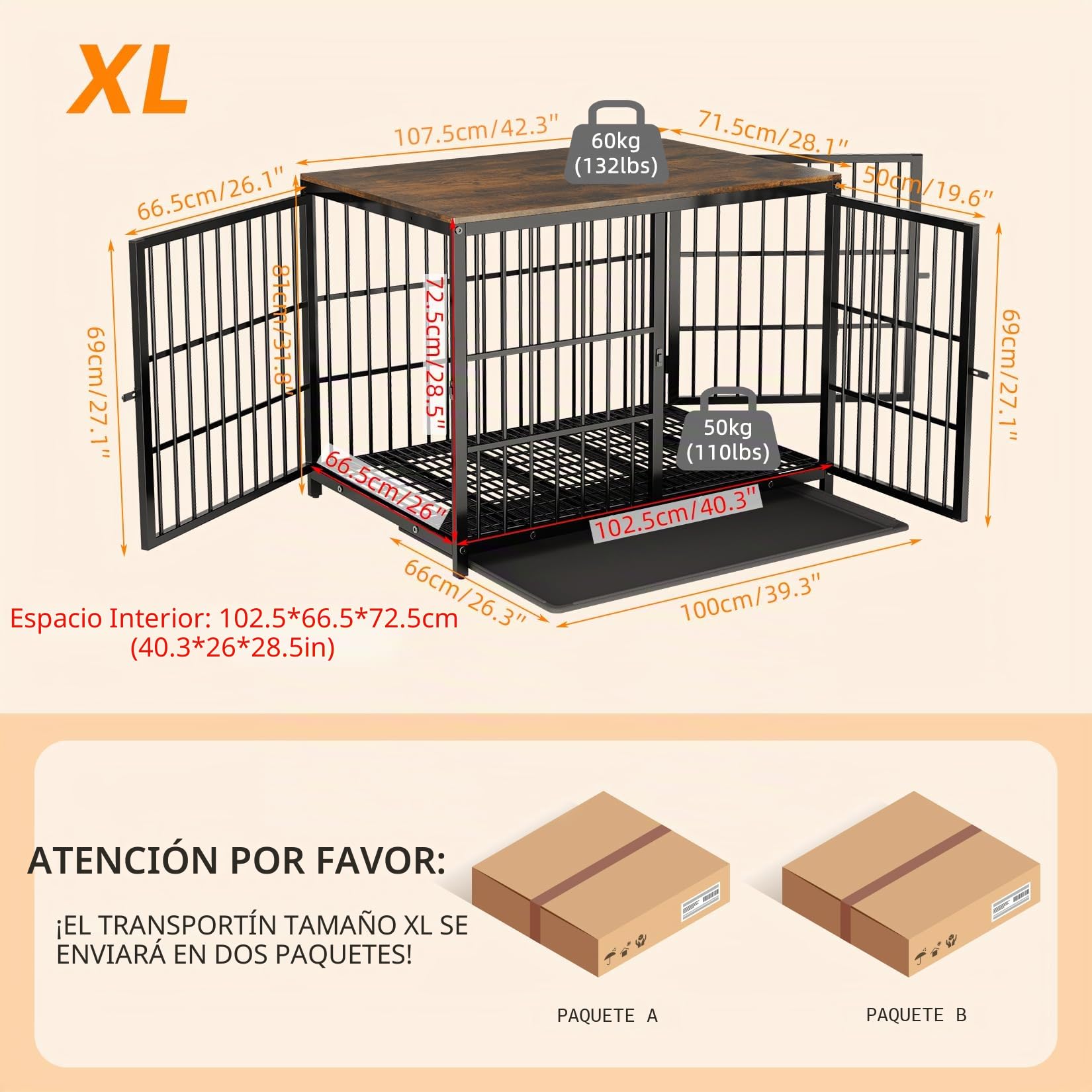 Bingopaw Jaula Perro Mediano Grande Mueble 107.4x71.4x81 cm con Hierro Fuerte Anticorrosivo y Superficie de Mesa Jaula Perros Madera con Cuerpo Conectable Dog Crate Medium Large (Negro, XL)