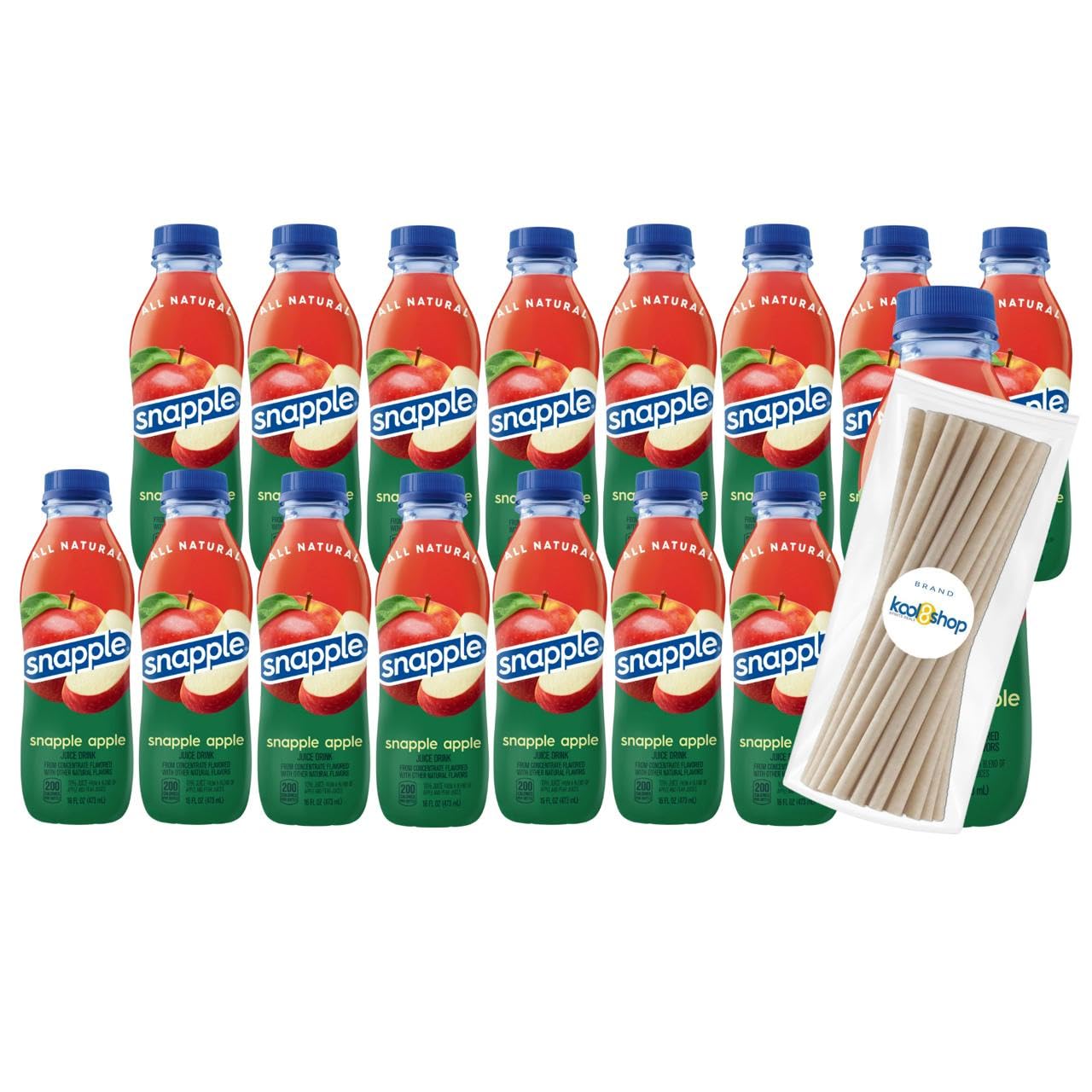 Snapple Apple All Natural Fruit Juice 16 fl oz Plastic Bottles 16 Pack + 15 Sugarcane Disposable Straws by KOOL8SHOP Infinite Deals