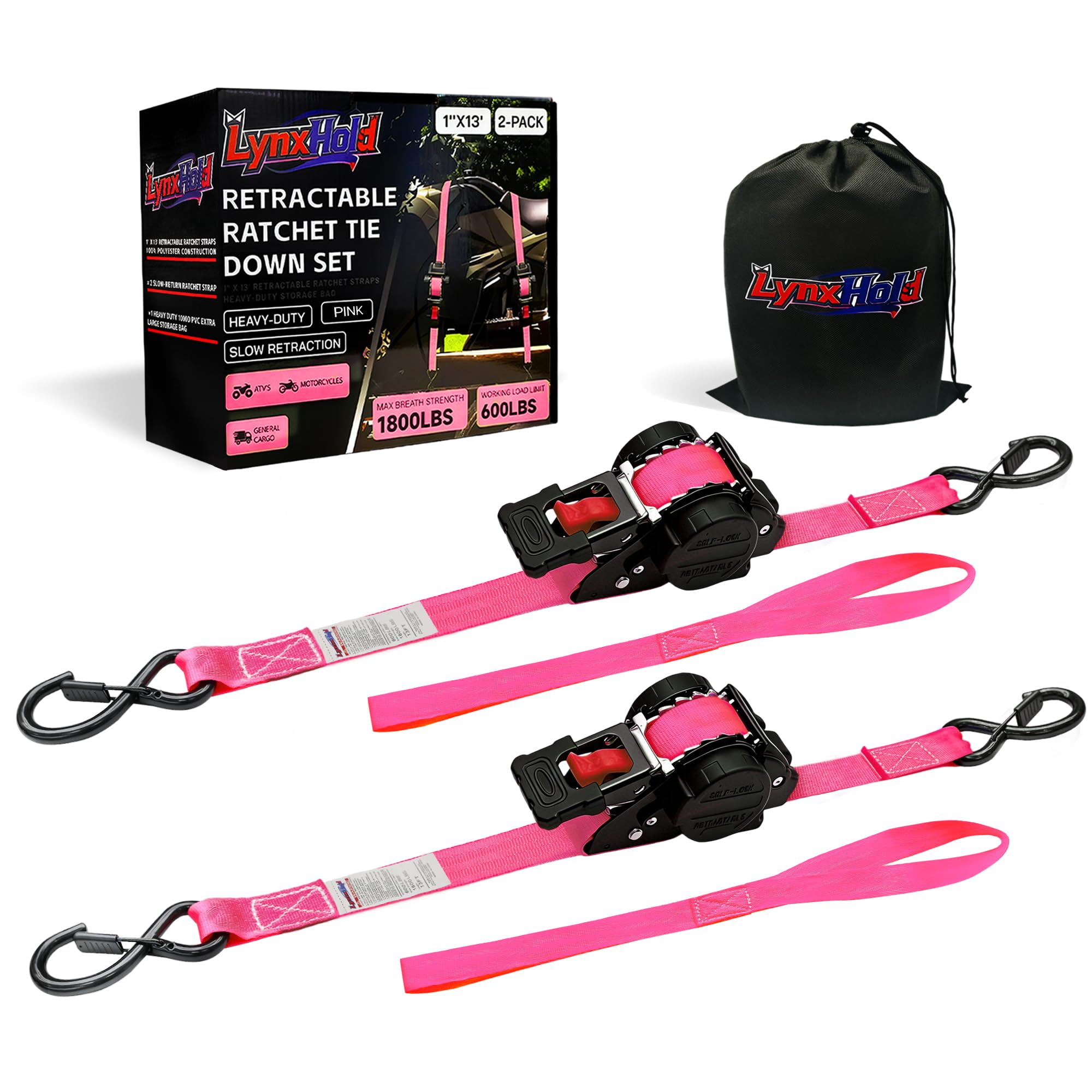 Retractable Ratchet Straps 1" x 13 Ft, Bolt-On, 1,800 Lbs, Pink, 2 Pack