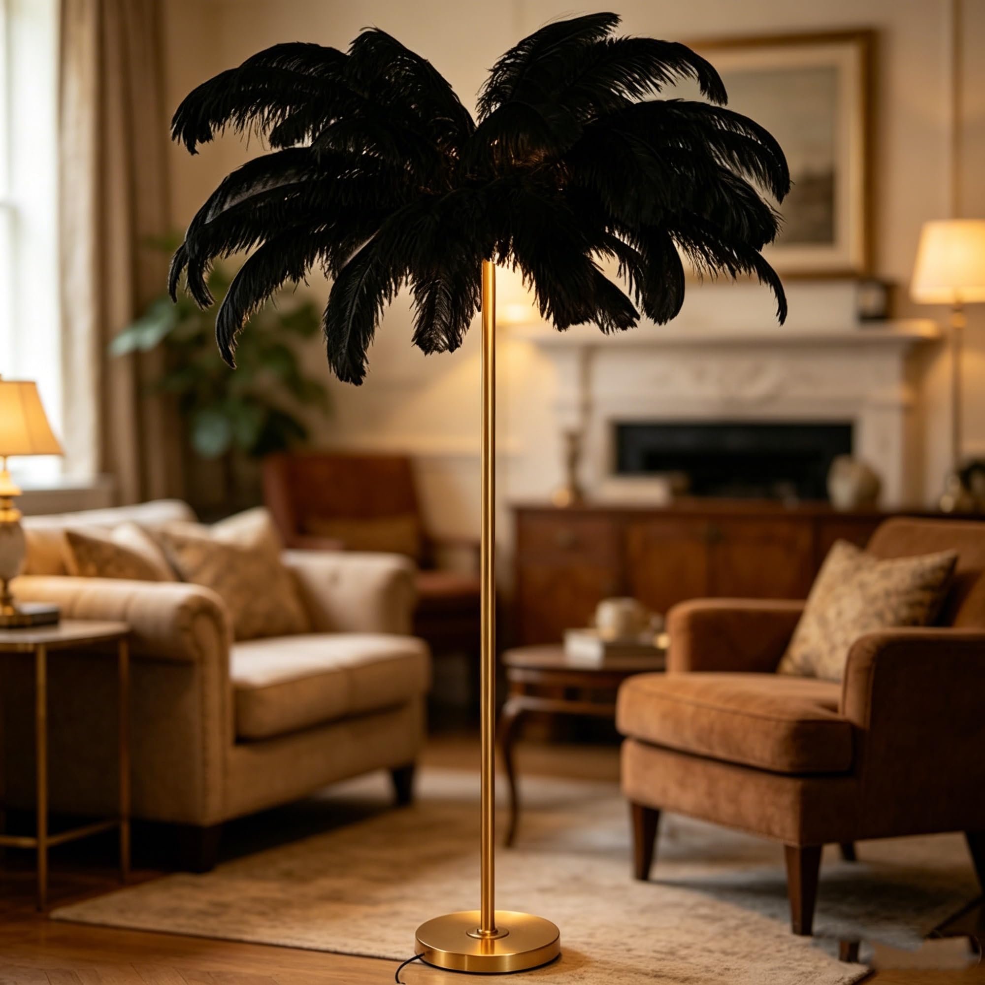 kumamart Indoor Accent Ostrich Feather Floor Lamp, Fluffy Shade Decor Lighting for Home Bedroom Living Room with Black White Optional Covers(Black)