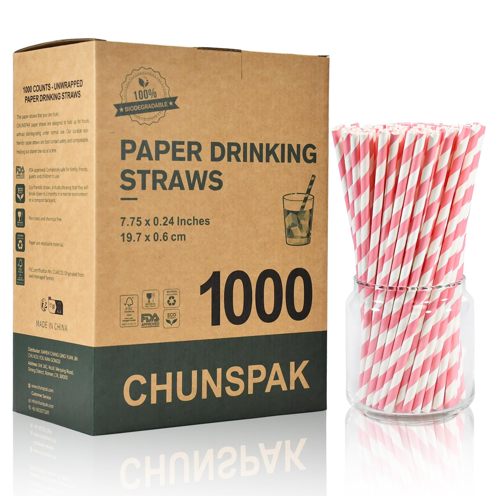 Pajitas desechables de papel con rayas rosas/blancas, 1000 unidades, 19,7 cm x 0,6 cm, biodegradables y compostables, PS0197061KPK