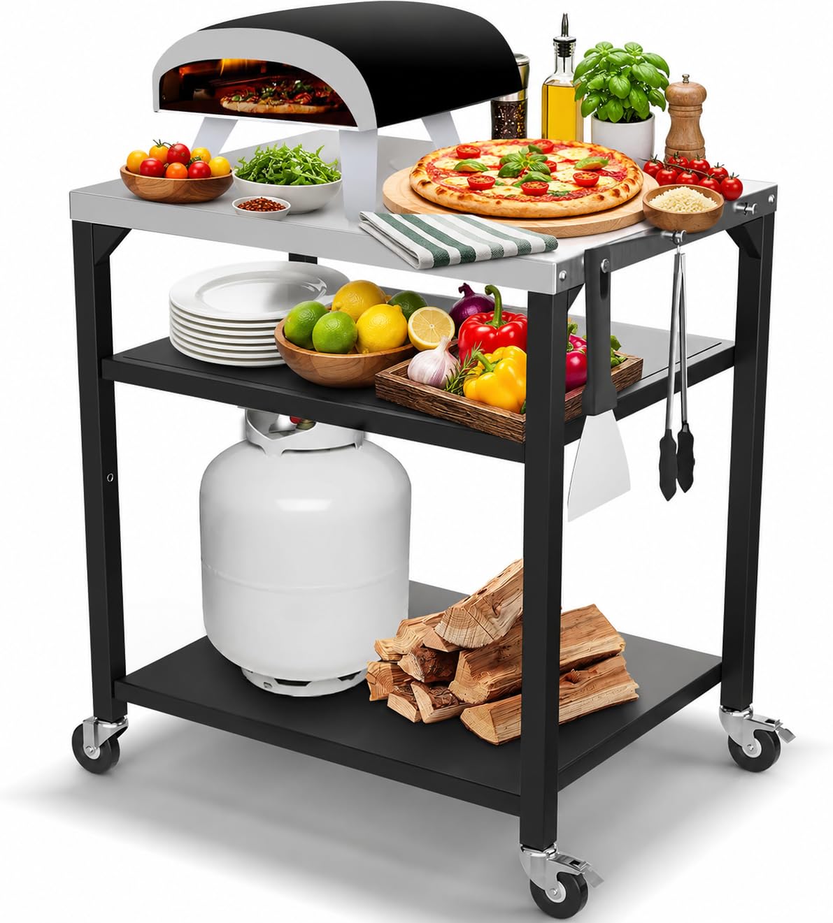 Hisencn 3-Shelf Pizza Oven Table with Lockable Wheels,31.5"L x 24"W