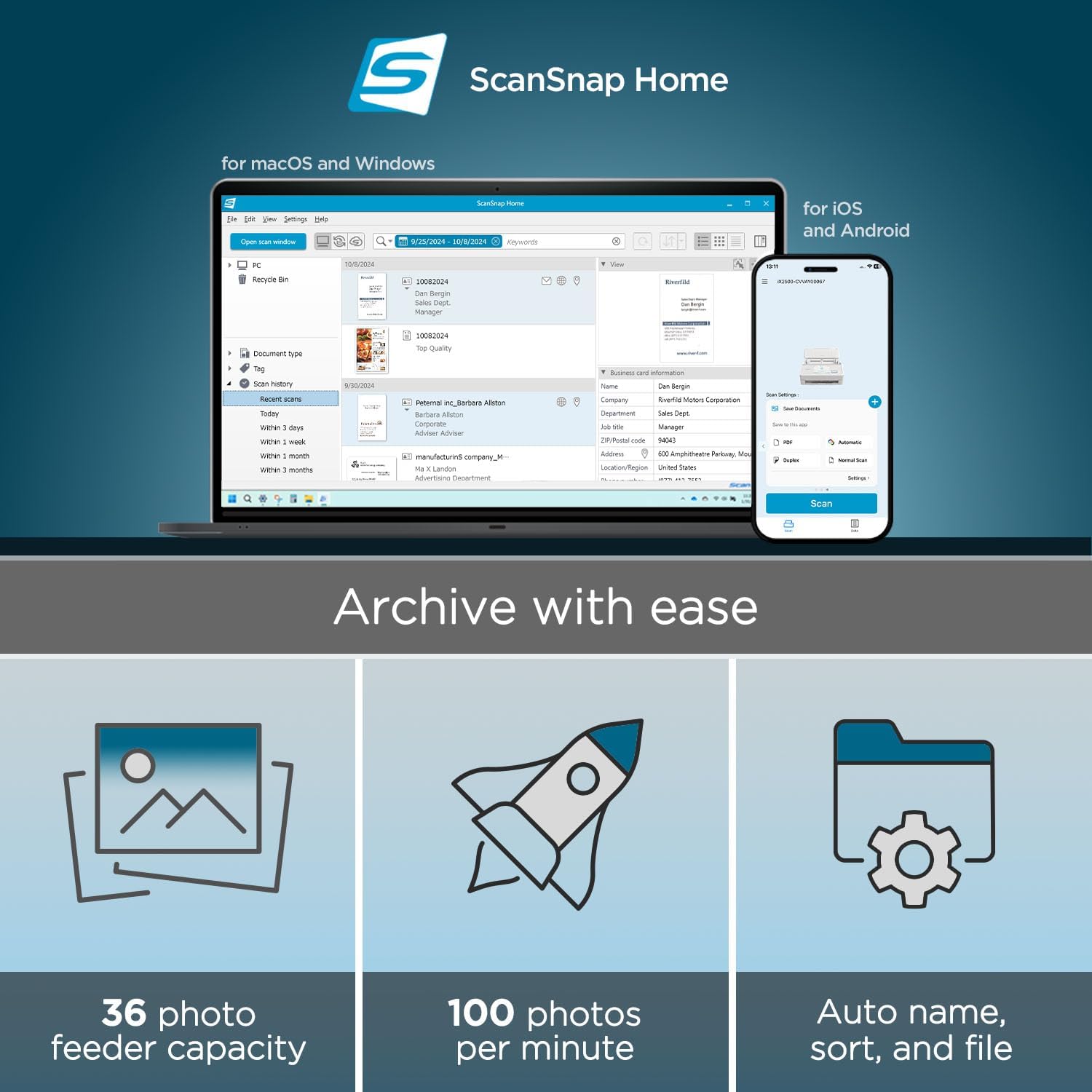 ScanSnap iX2500 Photo Edition Wireless or USB High-Speed Cloud Enabled Photo, Document & Receipt Scanner with Large 5" Touchscreen for Mac or PC, Black