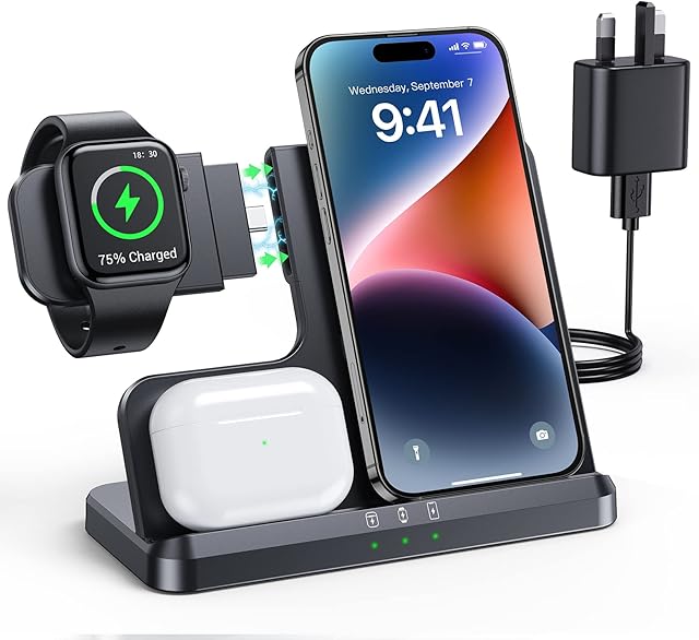 LK Wireless Charger, 3 in 1 Wireless Charging Station with Plug and Indicator, Max 18W Fast Charging Stand for iPhone 14/13/12/11 Pro Max/XR/X/8Plus/8, iWatch 8/SE/Ultra/7/6/5/4/3/2, AirPods Pro/3/2