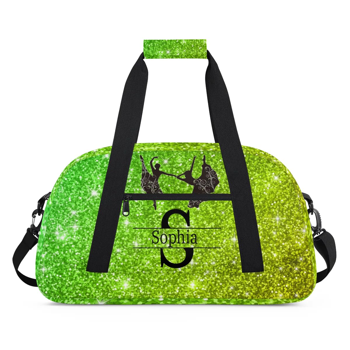 Custom Name Sports Duffel Bag, Lime Green Glittering Shiny Stars Bling Personalized Gym Sport Duffel Cheerleading Bag Travel Weekender Tote Bag