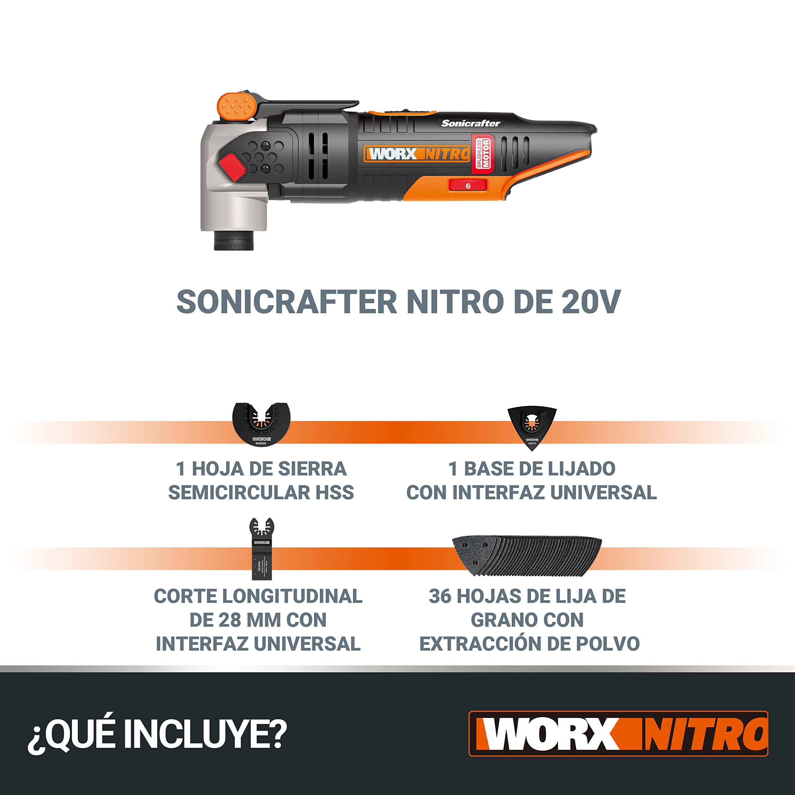 WORX Multiherramienta Brushless Sonicrafter 20V | PowerShare |WX693.9 - Sin batería, ni cargador | Motor sin escobillas, velocidad variable, sistema Hyperlock