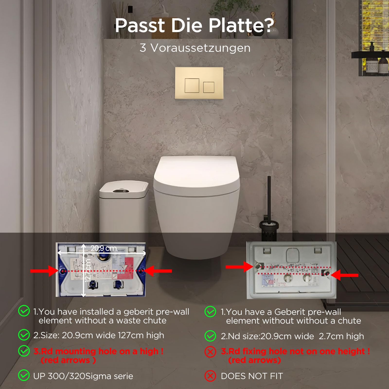 Placca Di Comando Wc,Doppio Scarico,Piastra Di Ricambio Per Pannello Frontale Del Cassetta Wc,Con Set Di Aste Scarico E Telaio Di Fissaggio,Per Geberit Sigma 01,10,20,21,30,50,60,Up320 (Oro opaco)