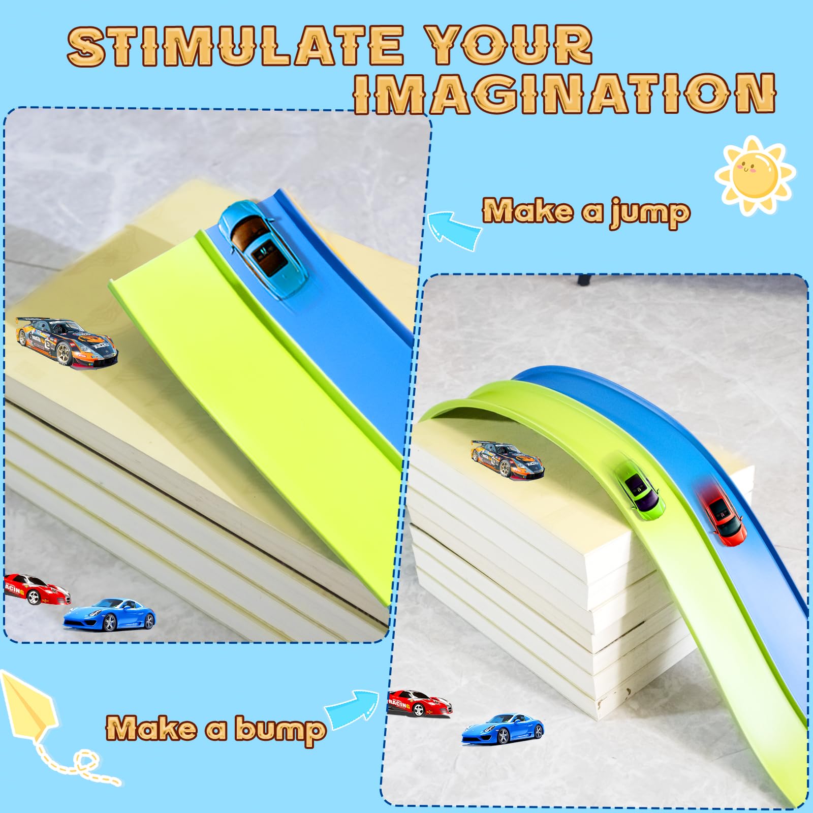 Flex Tracks 15 Ft for Kids Starter Set, Flexible Race Car Ramp Track with Suction Cups Compatible with Hot Wheels and Diecast 1/64th Cars for Ages 3 & Up (Green & Blue)