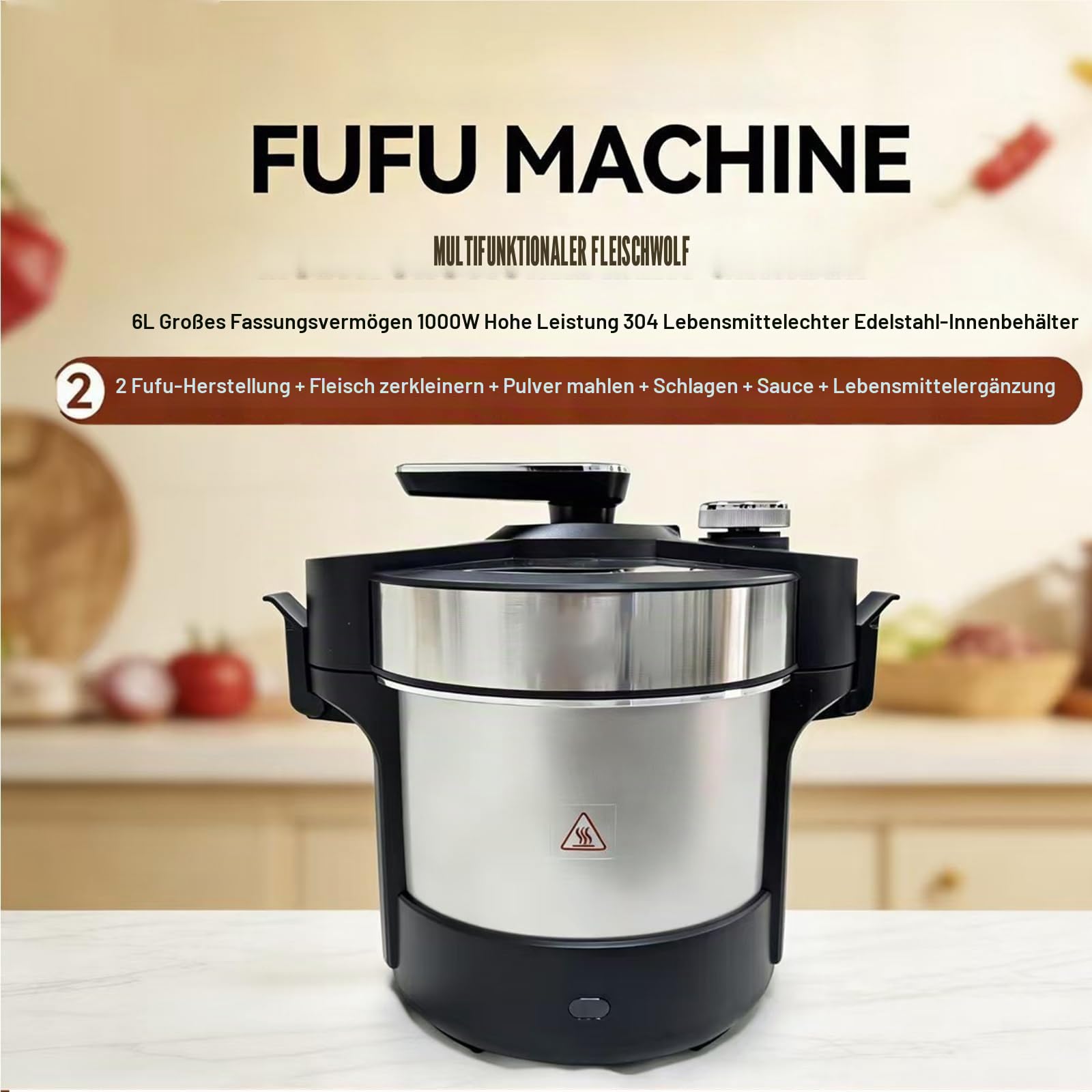 1000 W Automatischer Yam-Stampfer, Zubereiter & Küchenmaschine, 6 L Elektrische Fufu-Maschine mit Timer, Kochmixer aus Edelstahl – Für Fufu, Amala, Banku in der heimischen Küche