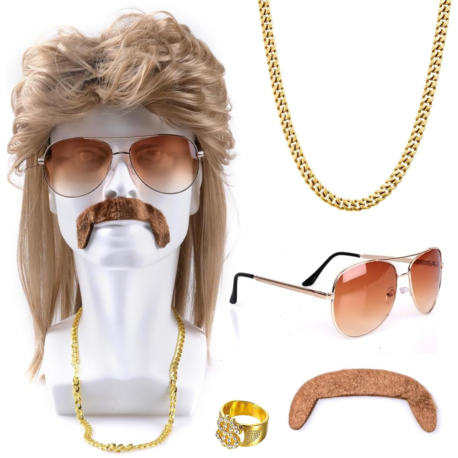 Vokuhila Perücke Herren 4er Set - 80er Jahre Kostüm Mit Bart & Sonnenbrulle