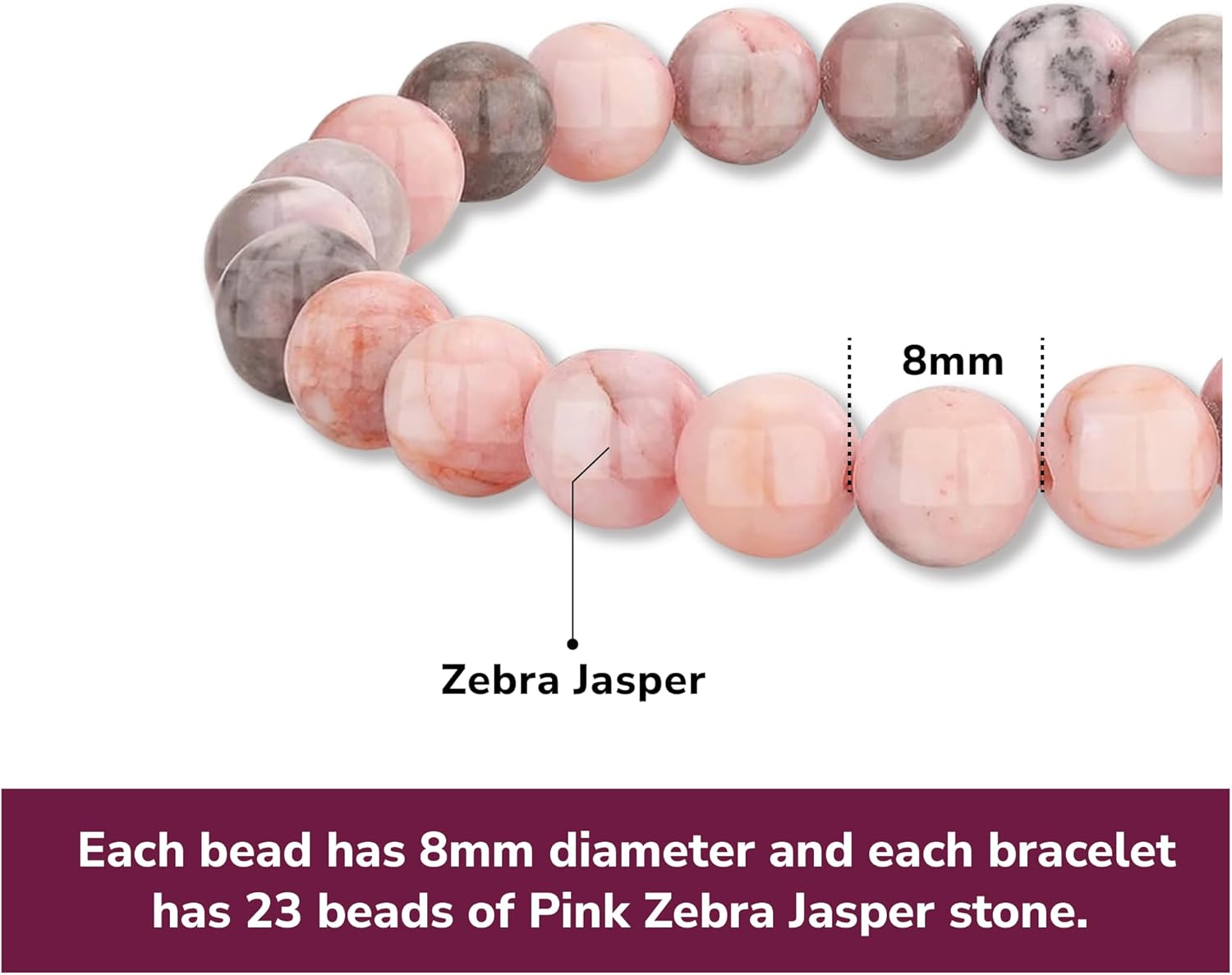 Crystal Vibe Pink Zebra Jasper Bracelet for Balance and Harmony - 8mm Beaded Bracelet for Women Men - Healing Crystal Bracelet - Elastic Adjustable Size - Image 3