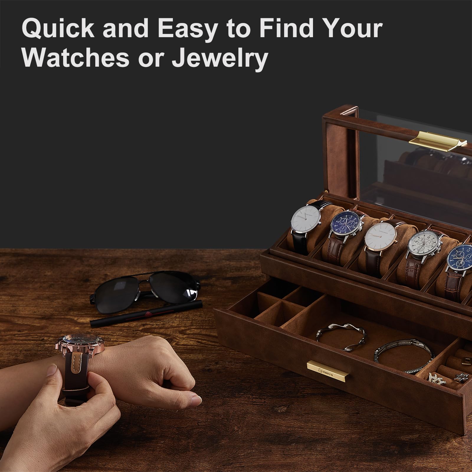 VIMBER Watch Box Organizer for Men with 6-Slot, Watch Case with Large Transparent Top Lid, Mens Jewelry box with Removable Tray for Storage and Display, PU Leather Watch Storage Boxes Brown