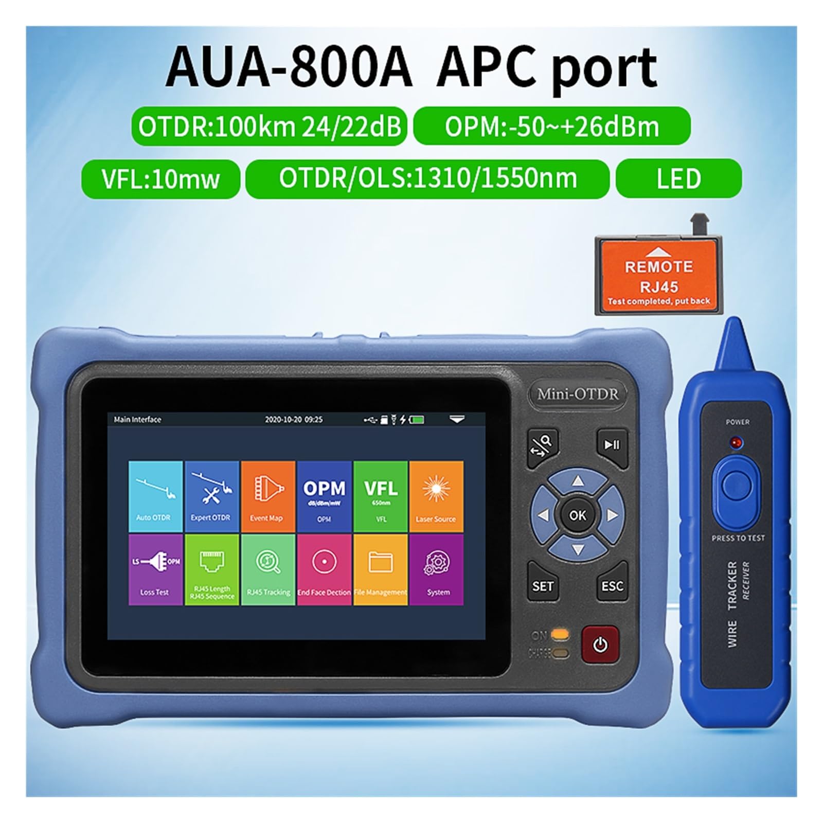 Probador de Fibra Óptica, MINI OTDR 1310/1550nm 26/24dB Reflectómetro de fibra óptica, pantalla táctil VFL OLS OPM Event Map Ethernet Cable Tester(AUA800A 1310 1550nm)
