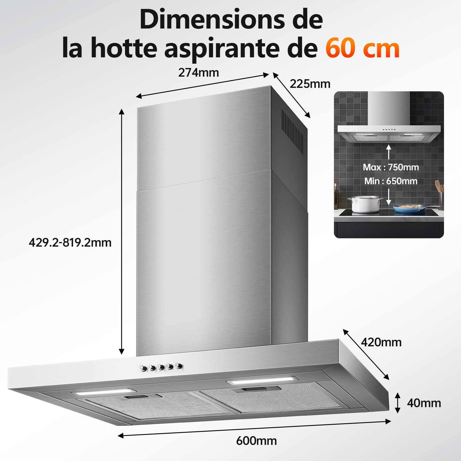 TopStrong Hotte Aspirante 60cm Murale, 450 m³/h Hotte Design T, 3 Vitesses Mécanique, Moteur Brushless A++, Inox 430, LED, Hotte Sans Évacuation & Évacuation