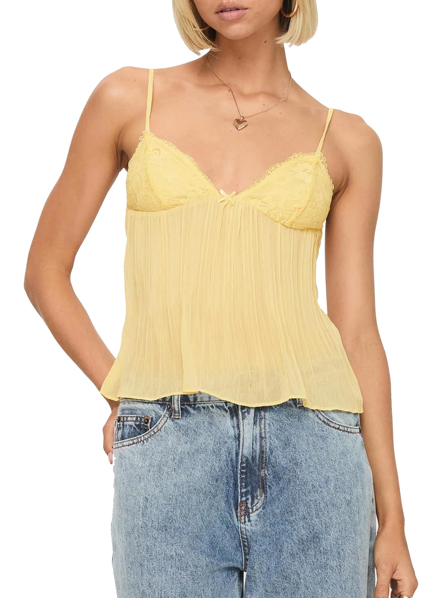 Women Spaghetti Strap Camisoles Sheer Pleated Peplum Crop Tank Tops Lace Trim V-Neck Cami Tops Sleeveless Backless Summer Vests (Yellow, S)