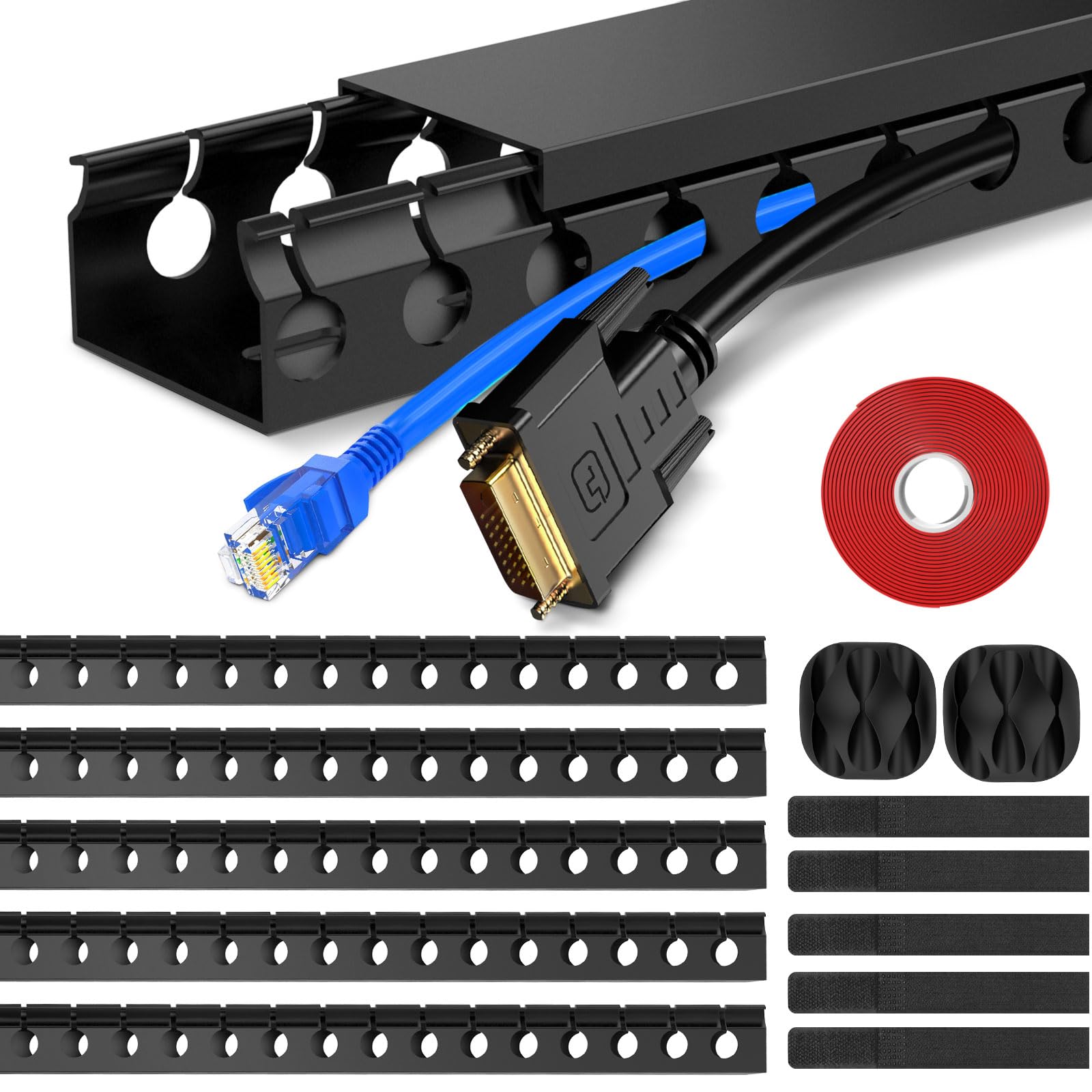5 Pieces Cable Trunkings, Cable Concealer Kit, 1.85M Open Slot Cable Raceway Duct to Hide Under Desk/TV/Computer/Power Cords, Black, 5x37cm