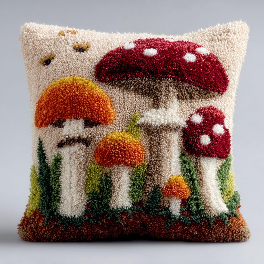 Henypt Latch Hook Kits Mushroom Pattern Pillow with Printed Canvas DIY Cushion Crochet Yarn Embroidery Hook and Latch Kit Pillowcase Soafa Decoration 43x43cm