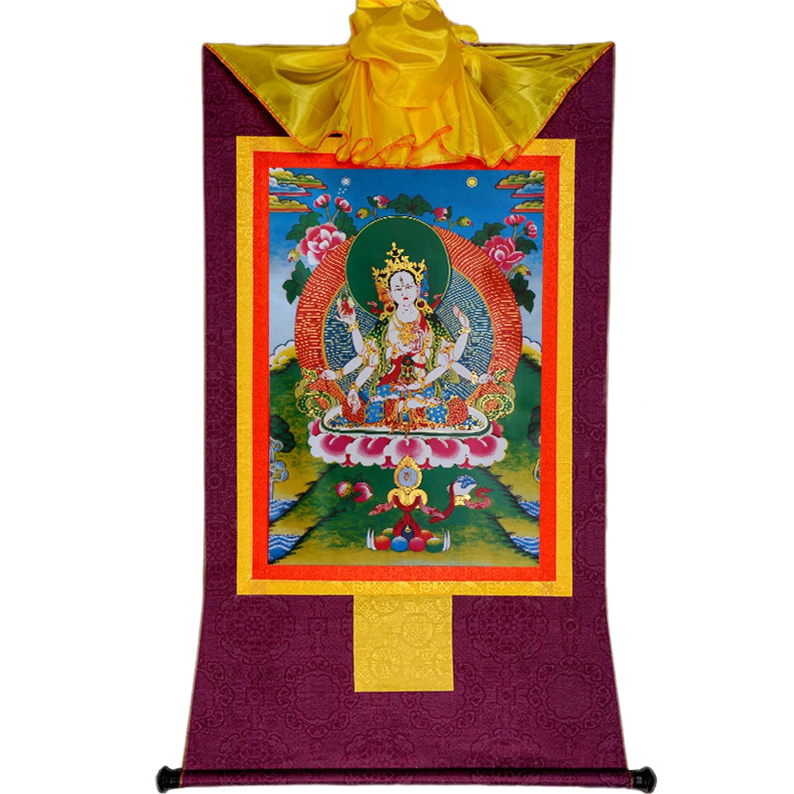 Thangka-Meditation, tibetischer Buddhismus-Thangka, Thang-ga tibetische Glückssymbole, buddhistischer Thangka-Brokat for buddhistischen Altar, Zen-Meditation(Purple,M)