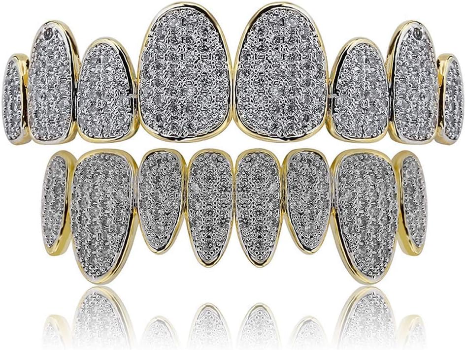Hip Hop Unisex Irregular 18K Gold Plated Iced Out CZ Simulated Diamond Upper Lower Teeth Grillz Set for Men and Women