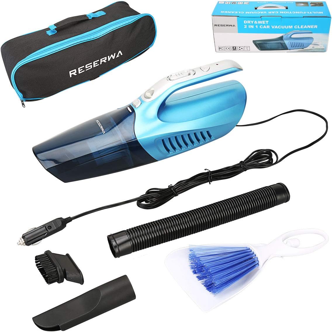Reserwa Car Vacuum Wet Dry Car Vacuum Cleaner 12V 120W 5000PA 2 in 1 Portable Handheld Vacuum Cleaner with 14.7FT(4.5M) Power Cord and LED Light, Carry Bag, Cleaning Brush (Blue)