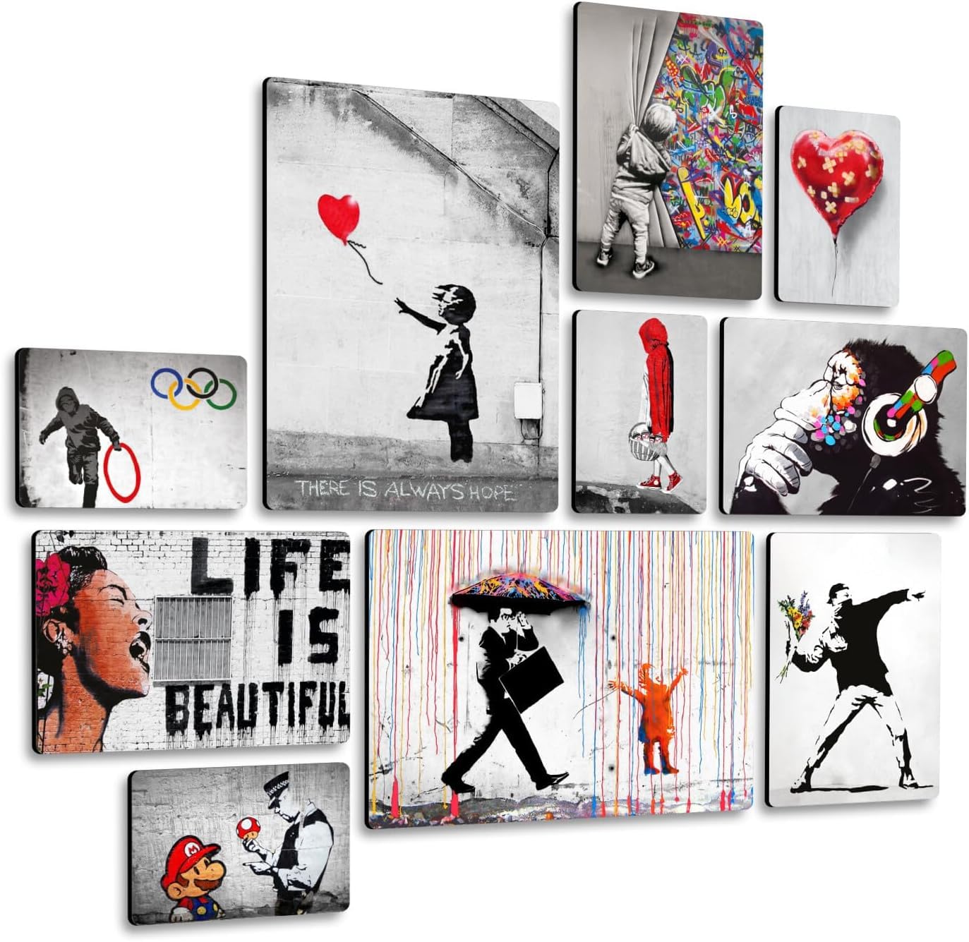 Banksy Sammlung 1 Giallobus Satz von 10 mehrteiligen Gemälden MDF-Holz 42x29,7cm 29,7x21cm 21x14,85cm