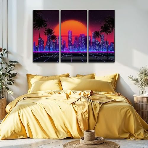 Miniatura 6 de 3 Piece Canvas Wall Art Prints Picture Retro wave synthwave vaporwave skyline scenery landscape Framed Wall Painting Modern Artwork Poster Home