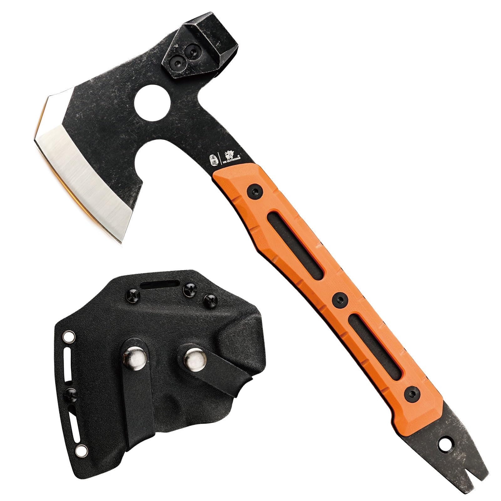 HX OUTDOORS Hacha de Partido Multifuncional, Hacha Táctica de Supervivencia y Campismo de Tanga Completa，Hachas de Mano para Campismo y Bushcraft con Martillo y Sacacorchos (Naranja)