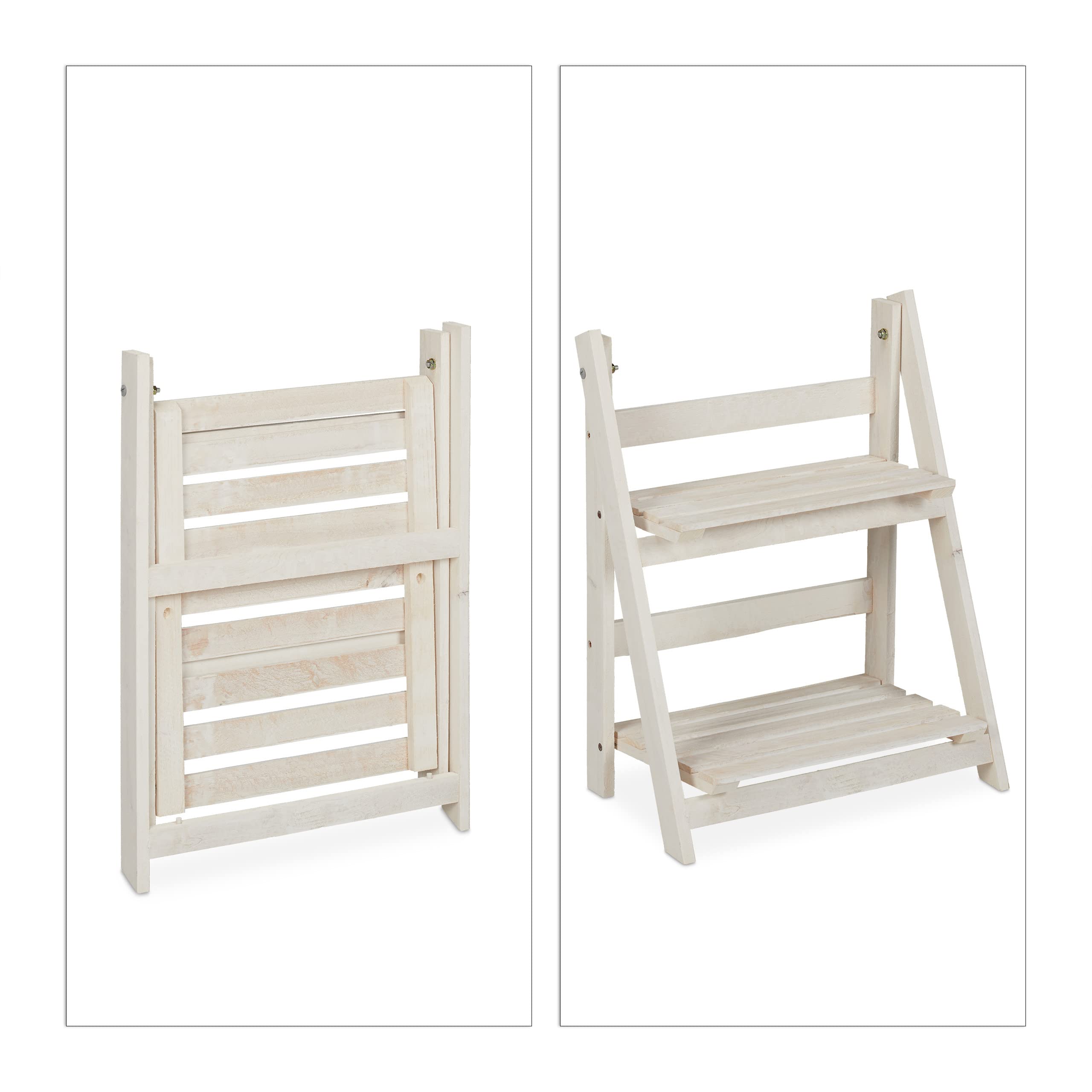 Relaxdays Fioriera a Scala, per Interni e Esterni, Design Shabby-Chic, Richiudibile, HLP 51x41x25 cm, 2 Livelli, Bianco