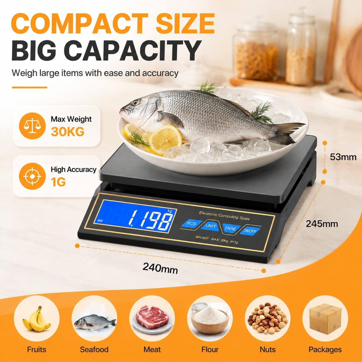 SOONHUA Bilancia da cucina, 30 kg, 0,1 g, in acciaio inox