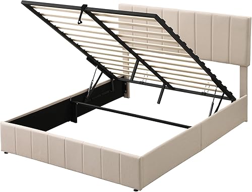 Miniatura 110 de Base de cama LED tapizada tamaño Queen, plataforma flotante de terciopelo con cabecero, MDF moderna y cama de madera contrachapada (beige-081)