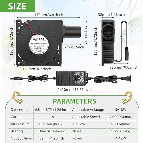 Miniatura 4 de Ventilador eléctrico pequeño de 4.724 in x 1.260 in para barbacoa de 12 V con controlador para soplador de aire de jaula de ardilla, ventilación de
