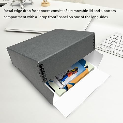 Miniatura 5 de Lineco, Caja de almacenamiento de archivos de museo gris de 20 x 24 pulgadas, diseño frontal caído. Sin ácidos con borde de metal. Protege la
