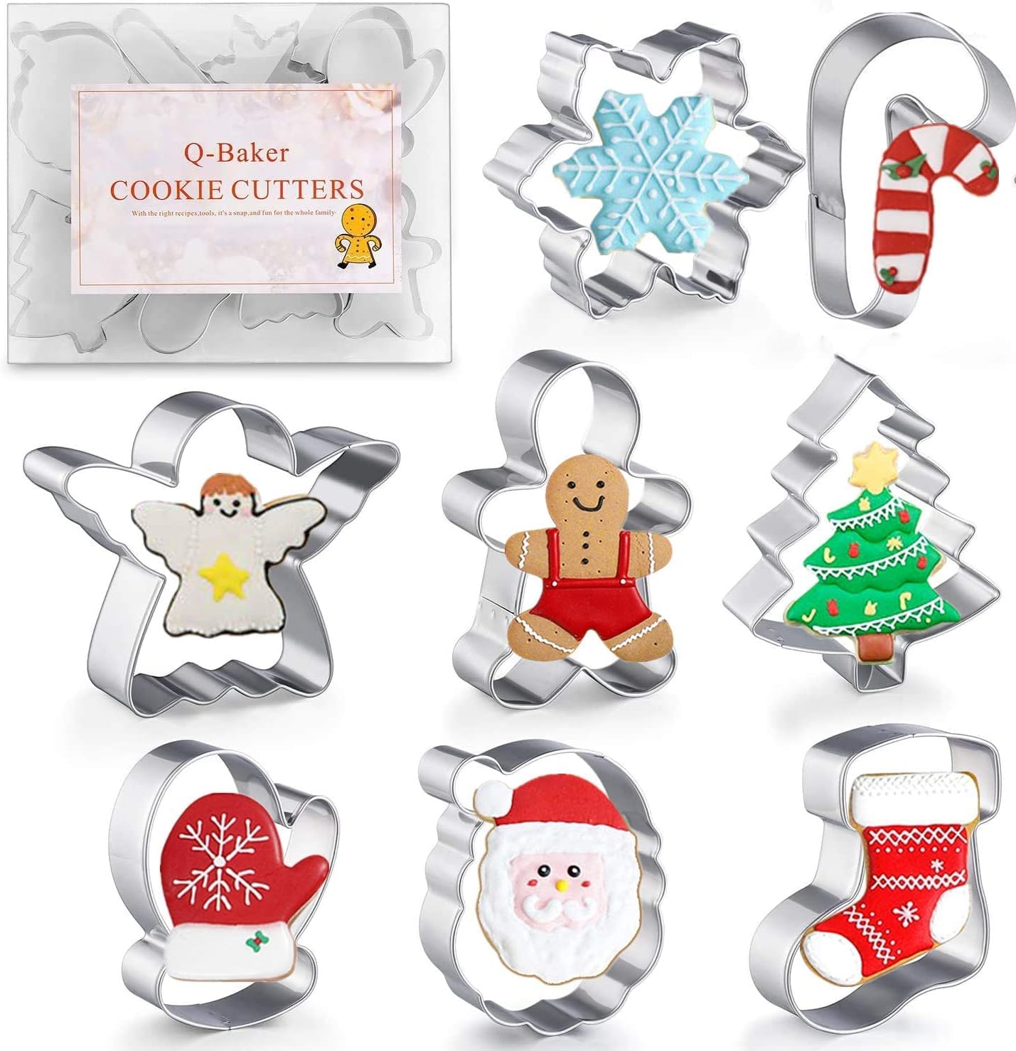 Christmas Cookie Cutters, 8Pcs Winter Holiday Cookie Cutter Set, Stainless Steel Metal Cutter with Gingerbread Men,Christmas Tree,Snowflake, Candy Cane, Angel, Santa Face,Stocking,Mitten