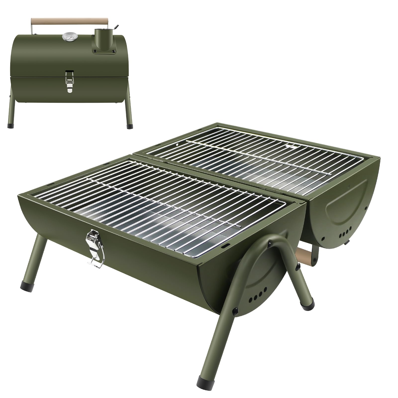 Barbecue Portable 2 en 1 avec Thermomètre BBQ à Charbon, Vert | Grill de Table, Pour Jardin Balcon Voyage Camping