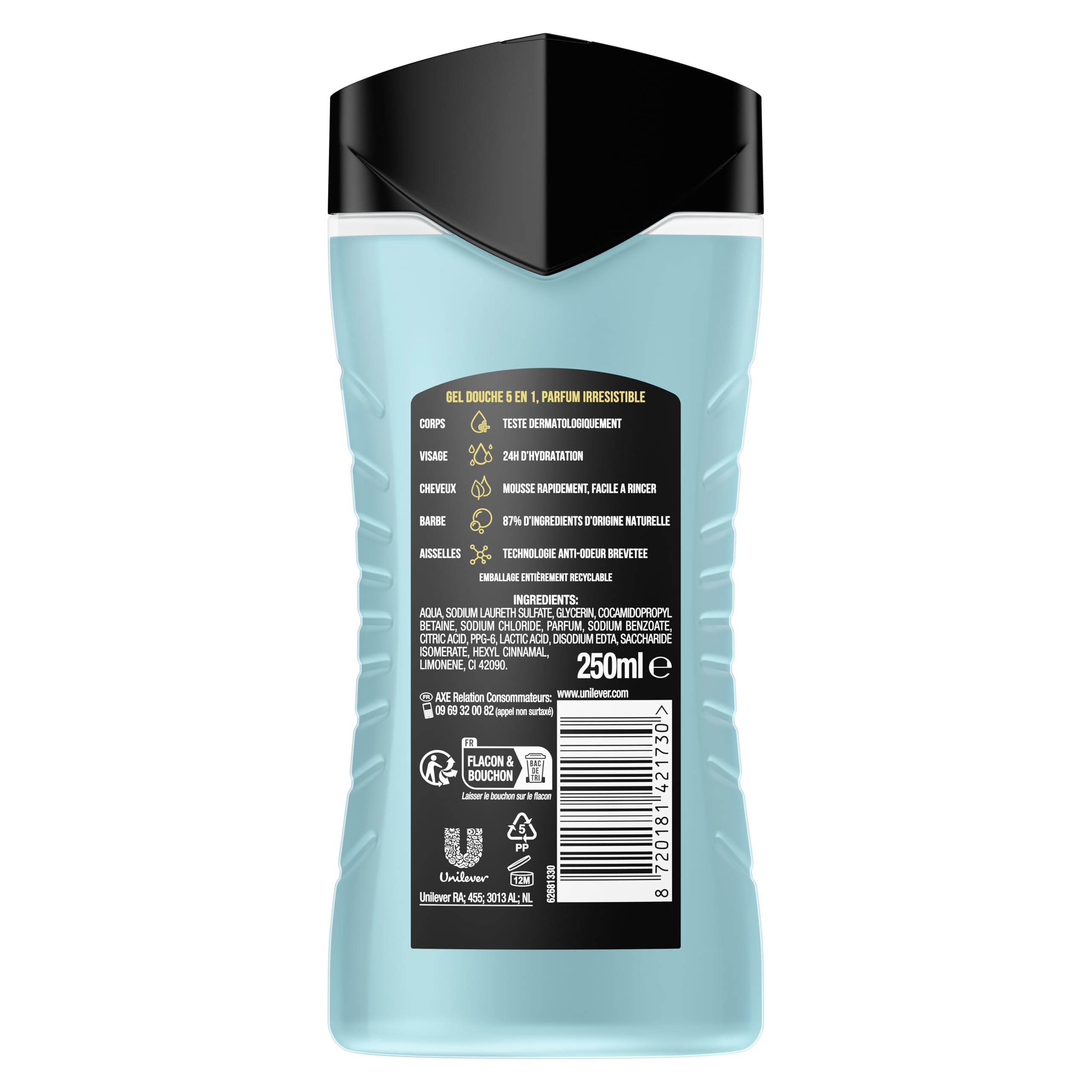 AXE - Gel Douche Homme 5en1 Re-Load - 24h Hydratant - 87% d'Ingrédients d'origine naturelle - parfum frais & vivifiant (lot de 12x 250ml)