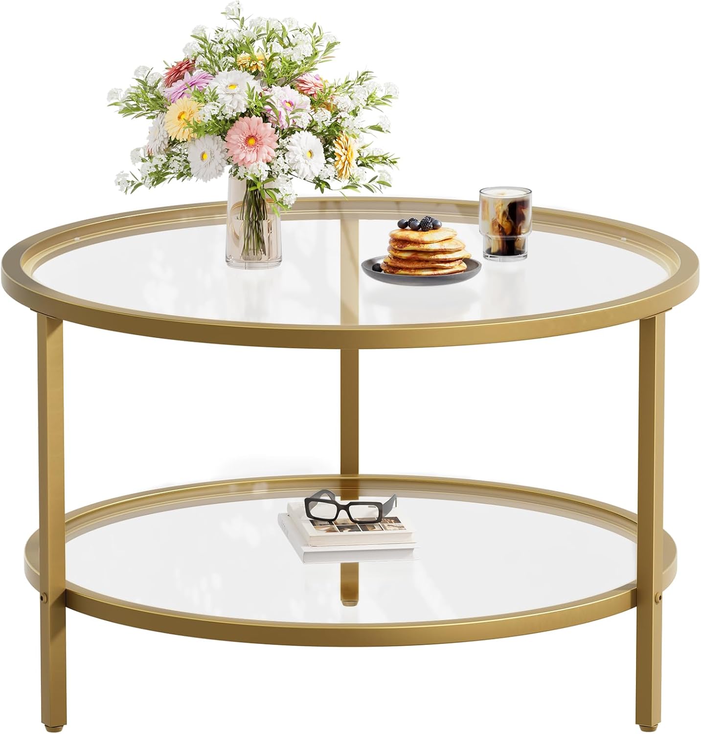 SAYGOER Round Glass Coffee Table 2 Tier Coffee Tables with Storage Shelf for Large or Small Space Modern Simple Center Table with Gold Frame for Living Room Home Office