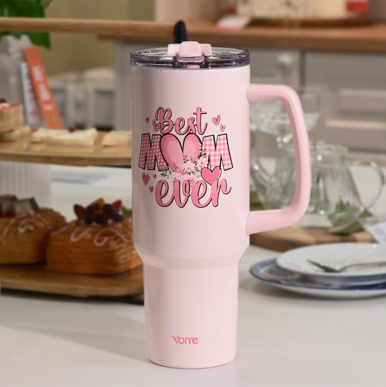 YOME 40oz Mom Tumbler with Handle and Flip Straw | Stainless Steel Best Mom Ever Gifts Insulated Water Bottle | Keeps Drinks Cold | Dishwasher Safe | Cupholder Friendly | Gym Travel Yoga