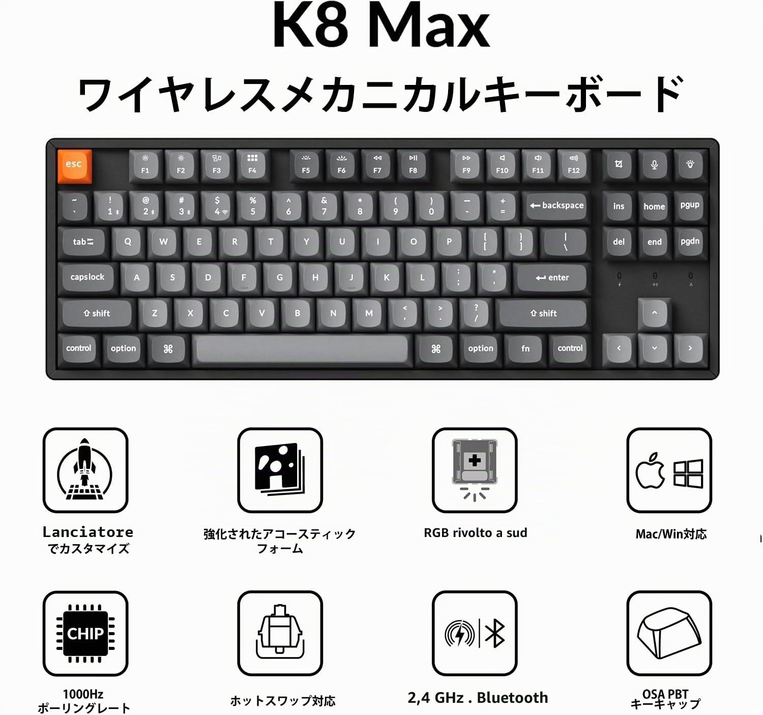 Keychron K8 MAX Tastiera meccanica wireless, 2,4 GHz/Bluetooth/USB-C, RGB, QMK/VIA, Hot-swap, Telaio in Alluminio, Macro programmabili, PBT Keycaps, Per Mac Windows, Super Red Switch