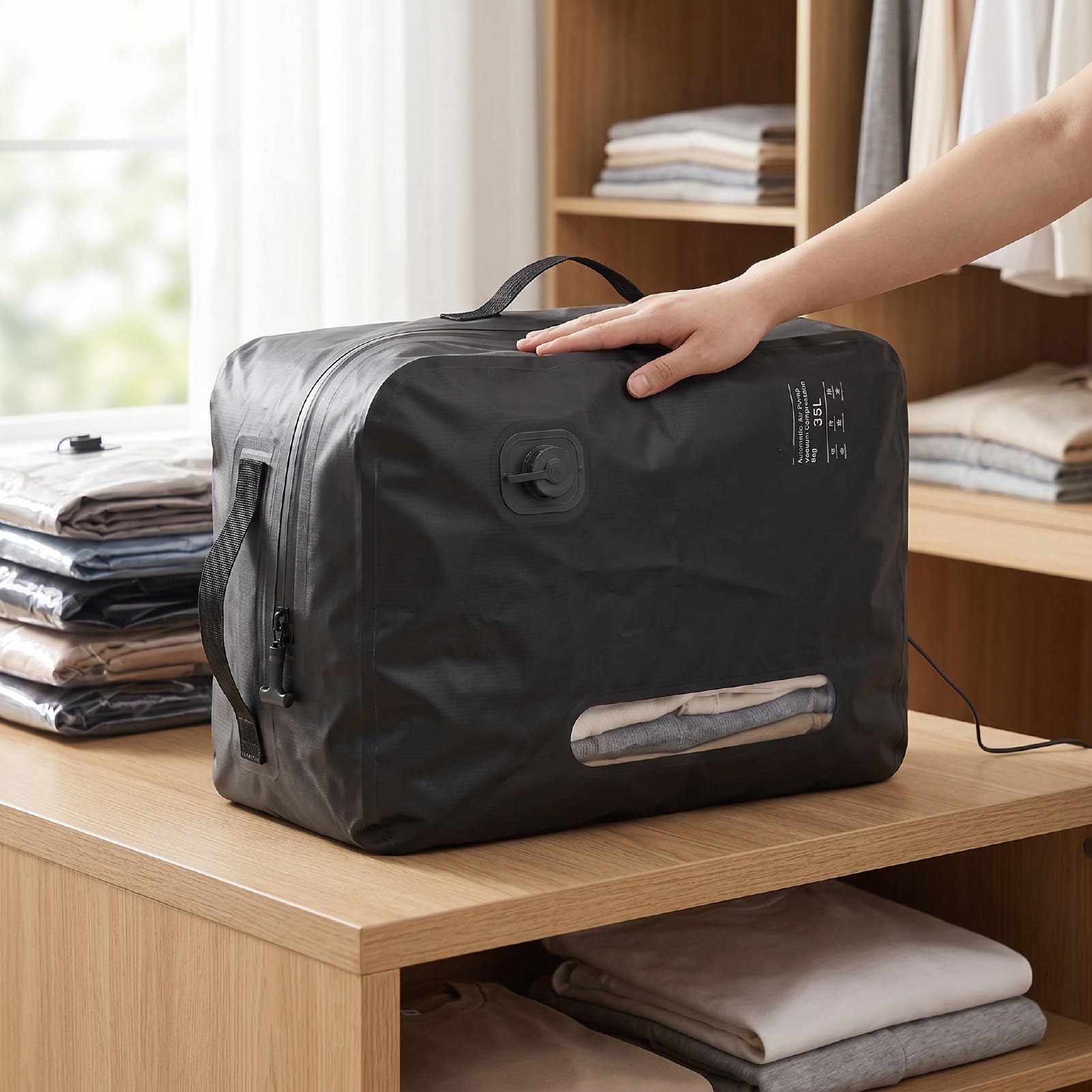 banapoy 35-l-Vakuumbeutel für Reisen, Wiederverwendbarer Vakuum-Kompressions-Reisebeutel, Beutel mit Automatischer Pumpversiegelung, Platzsparende Aufbewahrung für Handgepäck-Rucksack (GRAY)