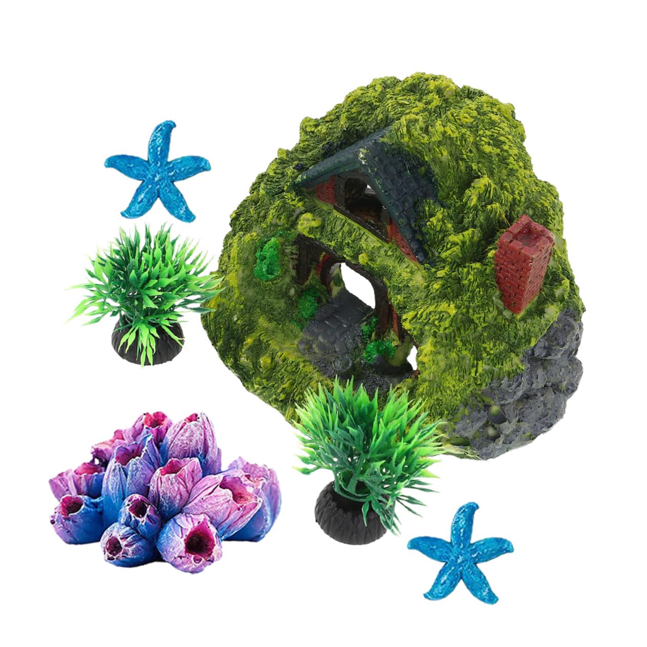 Resin Aquarium Hideout House Set with Coral Ornaments Small Fish and Shrimp Cave for Tank Decoration 6pcs Reptile