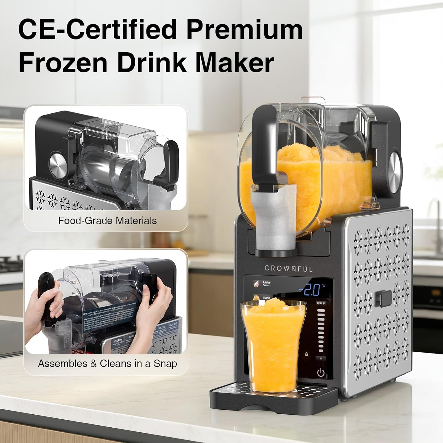 CROWNFUL Macchina per Granite, 1.9L - 6 Programmi per Gelato, Frullati, Cocktail Ghiacciati, Frappè e Frullati - Autopulizia, Funzione Mantieni Freddo 12h