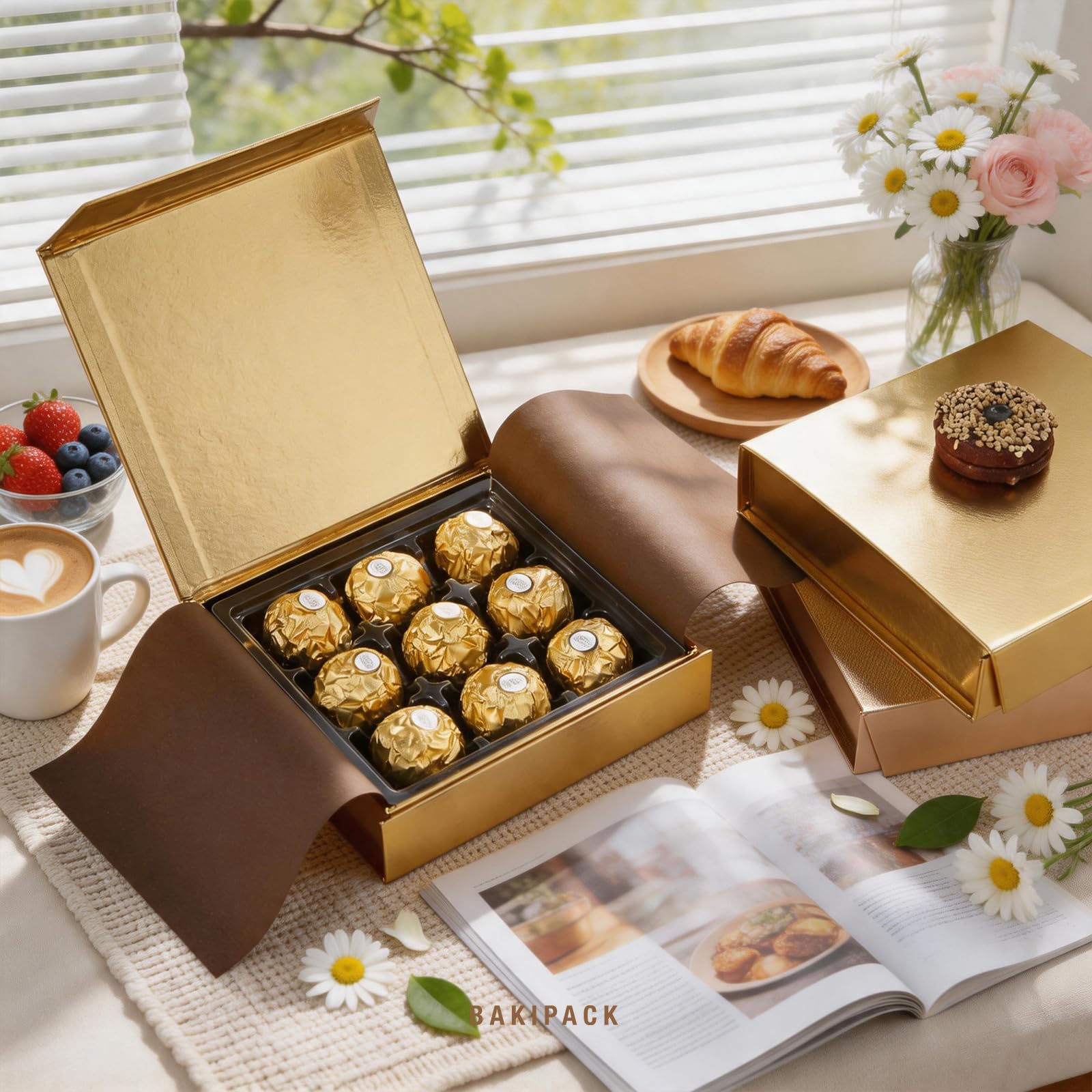 BAKIPACK 6 scatole per tartufi, scatole per cioccolatini, scatole regalo con tartufo dorato, confezione con vassoio in plastica da 9 pezzi, coperchio con chiusura magnetica, 14 x 14 x 3 cm
