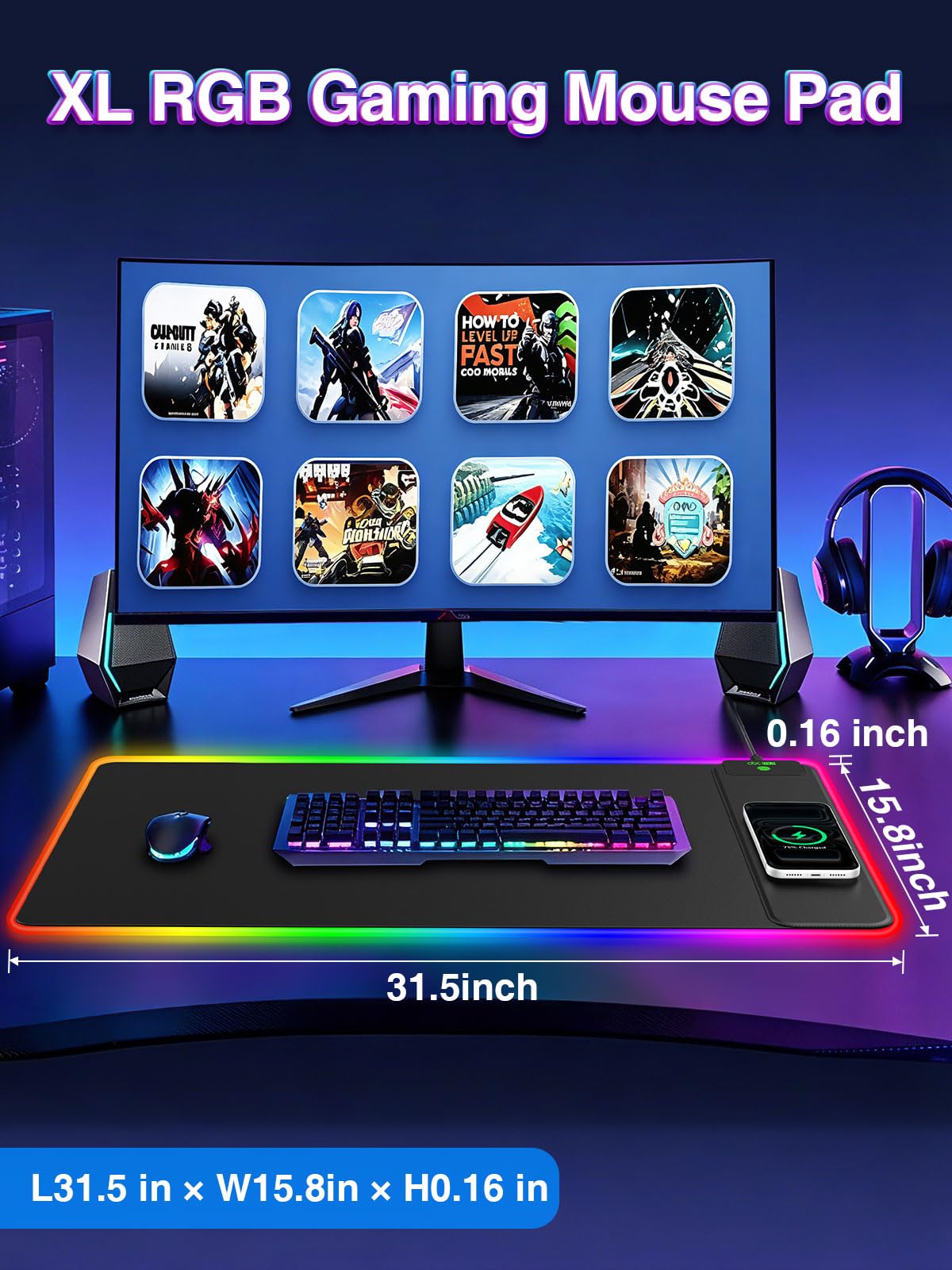 Tappetino per mouse da gioco XXL RGB con caricabatterie wireless magnetico da 15 W, tappetino da scrivania a LED extra large da 80 x 40 cm, 24 effetti di luce, con base in gomma antiscivolo