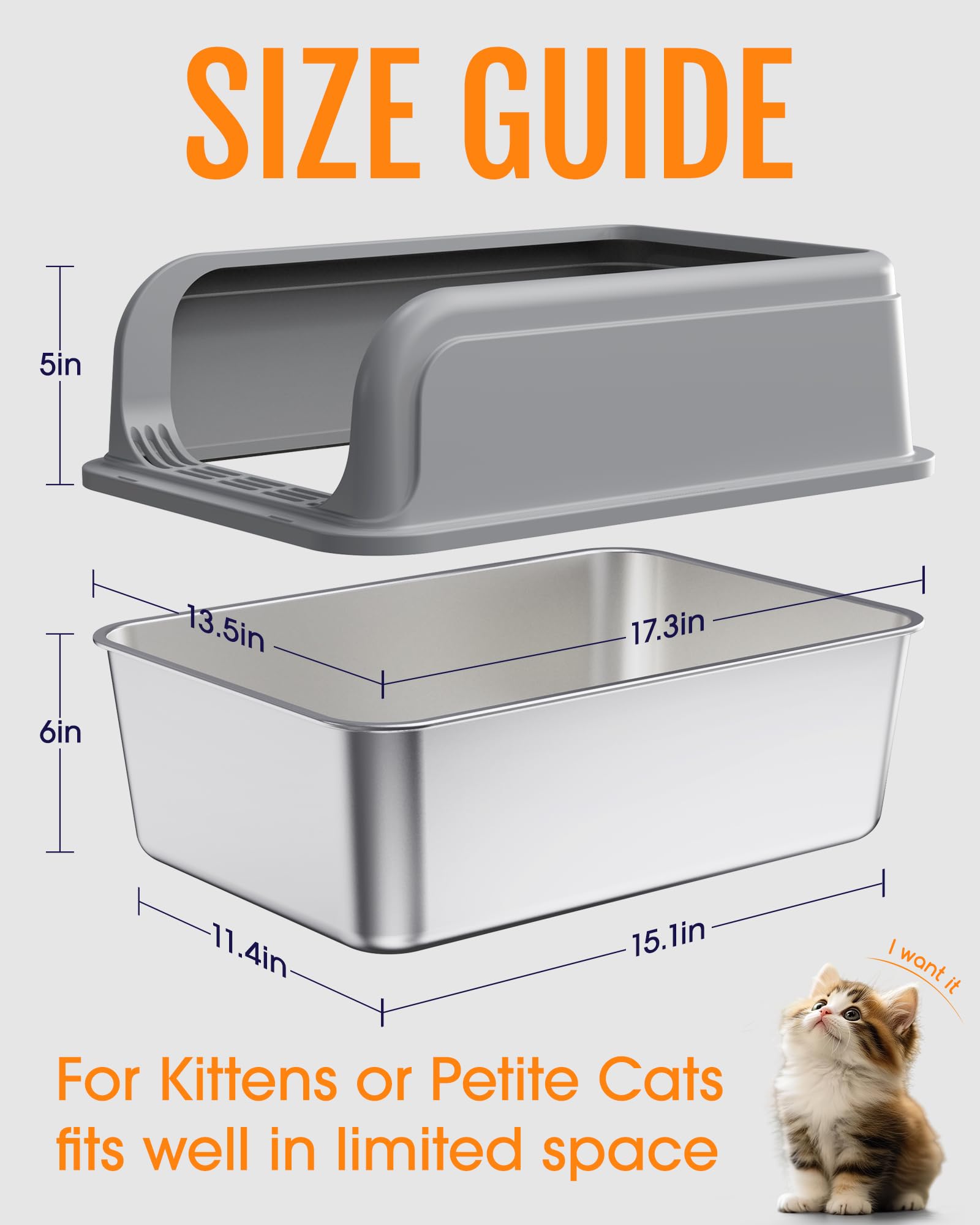 Stainless Steel Cat Litter Box, Metal Kitty Litter Box with Scoop, Anti-Leakage Top Entry, Non-Sticky, Easy to Clean, Grey, 13.5" × 17.3" × 11"