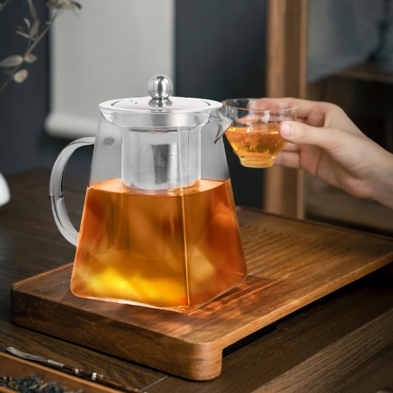 Glas Teekanne, 950ml Quadratische Glas-Teekannen mit Teesieb, Borosilikatglas Teekanne, für Tee, Kaffee, losen Tee, Teebeutel, Kräutertee, Herdsicherer Teebereiter (950, Milliliter)