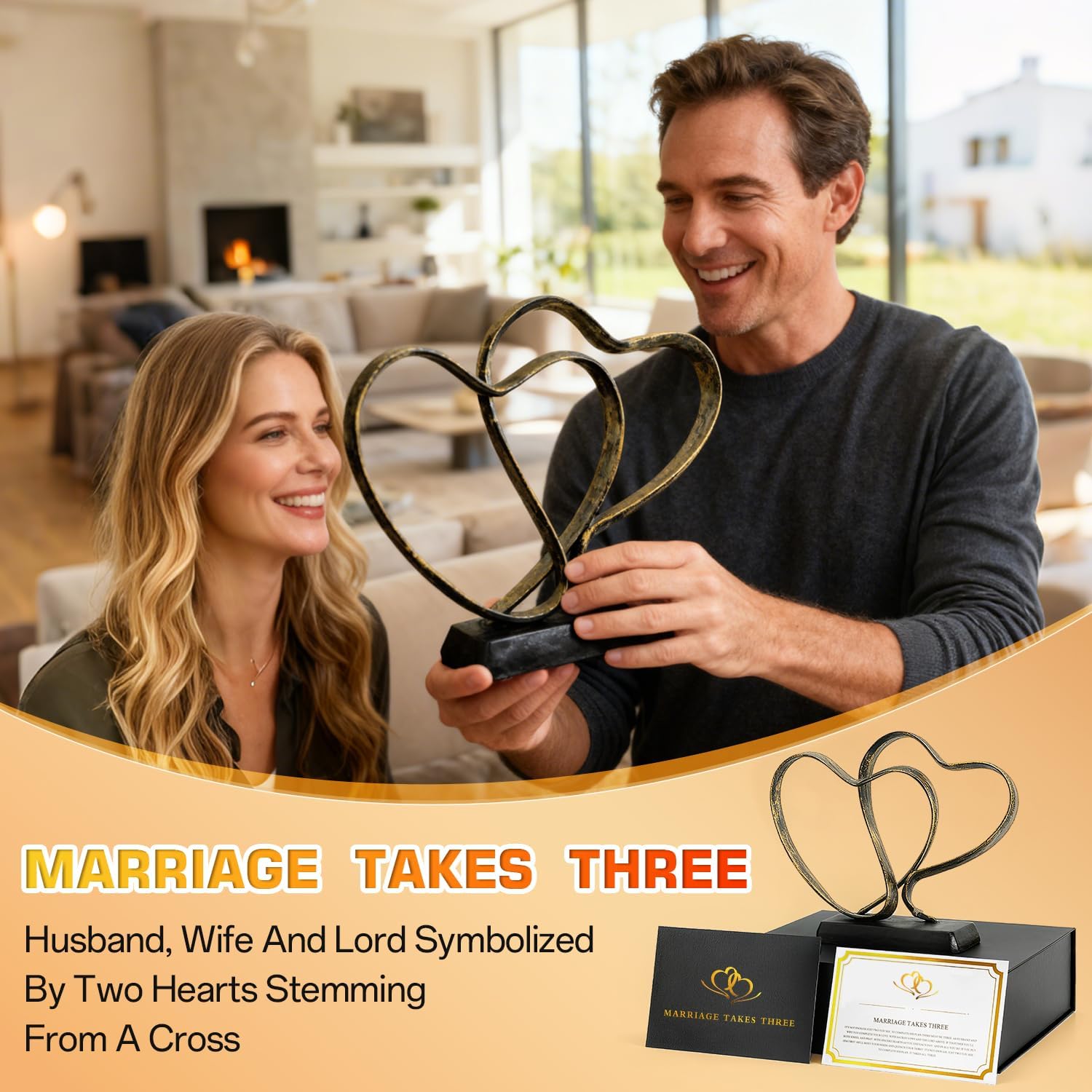Anniversary Wedding Gifts for Couple - Two Hearts and Cross Iron Sculpture, 1st to 50th for Her and Him,Decorative Hearts Statue Includes Present Box and Poem Card - Image 2