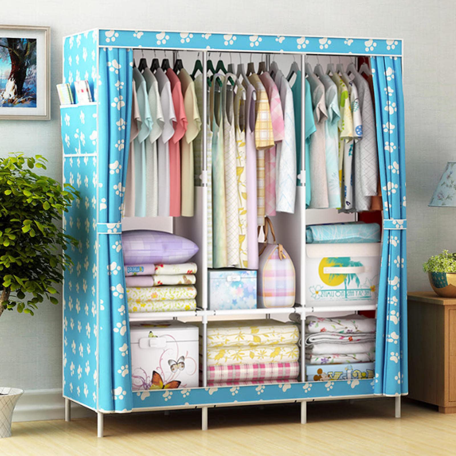 Kleiderschrank Tragbarer Kleiderschrank, Canvas-Kleiderschrank, Kleiderschrank-Aufbewahrungsorganisator mit 3 Kleiderstangen und Seitentaschen, Stoffschränke für Schlafzimmerkleidu