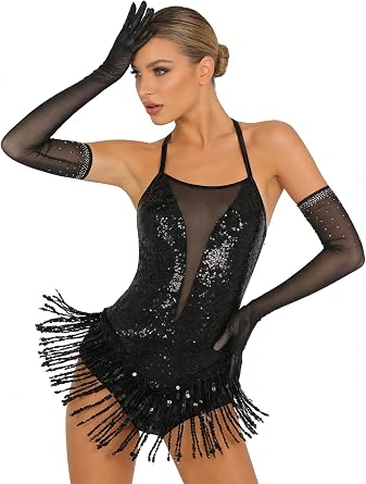 Yhong Rumba Salsa Samba Latin Dance Outfit for Women Sparkly Sequin Skirt Bodysuit with Gloves
